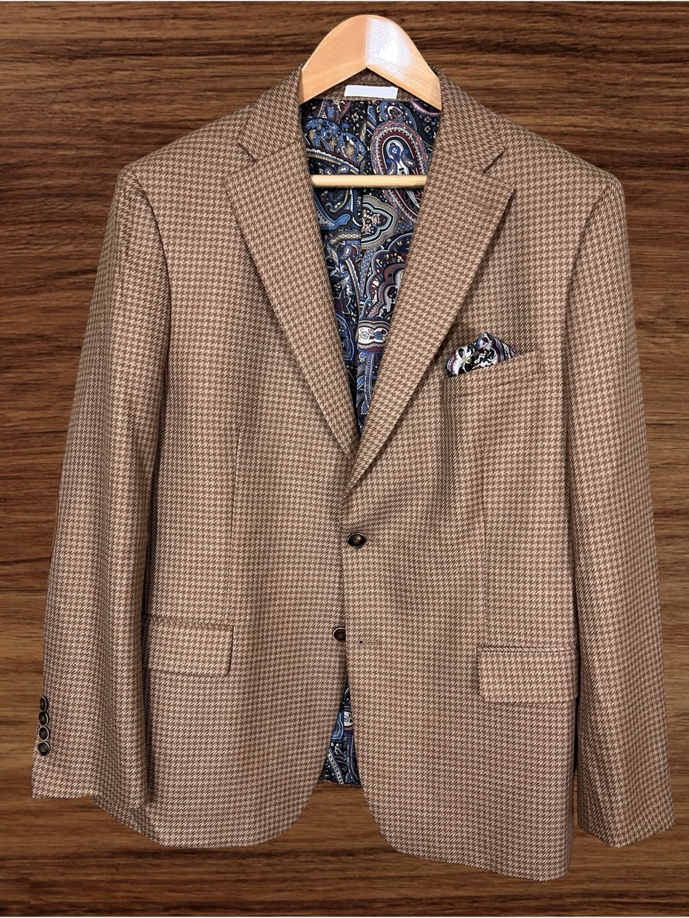 Tallia Brown & Tan Houndstooth Wool blend Blazer Paisley lining Size 46R